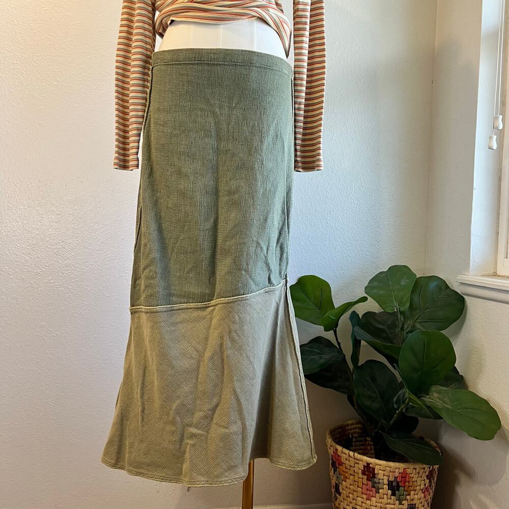 90s Green Tribe 100% Cotton Waffle Thermal Patchwork Maxi Skirt Size Medium - Picture 8 of 8